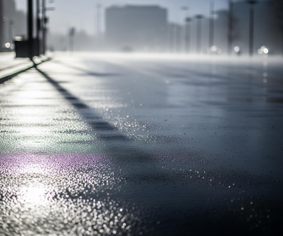 Na pierwszym planie widoczna jest mokra powierzchnia, pokryta licznymi, drobnymi kroplami wody, tworzącymi ziarnistą teksturę, która intensywnie odbija światło. W lewej dolnej części obrazu widoczne są fioletowo-zielone refleksy świetlne. Prawa część pierwszego planu jest ciemniejsza, z mniej wyraźnymi odbiciami. W centrum kadru rozciąga się ciemna droga lub chodnik, odbijający światło wzdłuż linii horyzontu. W tle, w oddali, rozmyte kontury budynków i słupów stapiają się z jasnym, zamglonym niebem.