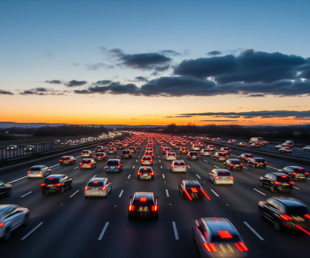 Autostrada pełna samochodów, rozciągająca się w kierunku horyzontu, dominuje środek i dół kadru, z licznymi czerwonymi światłami tylnymi pojazdów tworzącymi długie, smużące linie, sugerujące ruch w długiej ekspozycji. Niebo na górze przechodzi z głębokiego błękitu w zachodzący, pomarańczowo-żółty odcień tuż nad linią horyzontu, gdzie widoczne są ciemne sylwetki wzgórz i drzew. Szereg pojazdów z białymi światłami przednimi, również rozmytych, porusza się w przeciwnym kierunku, po lewej stronie autostrady, oddzielonych barierą. Kilka ciemnych chmur unosi się na niebie.