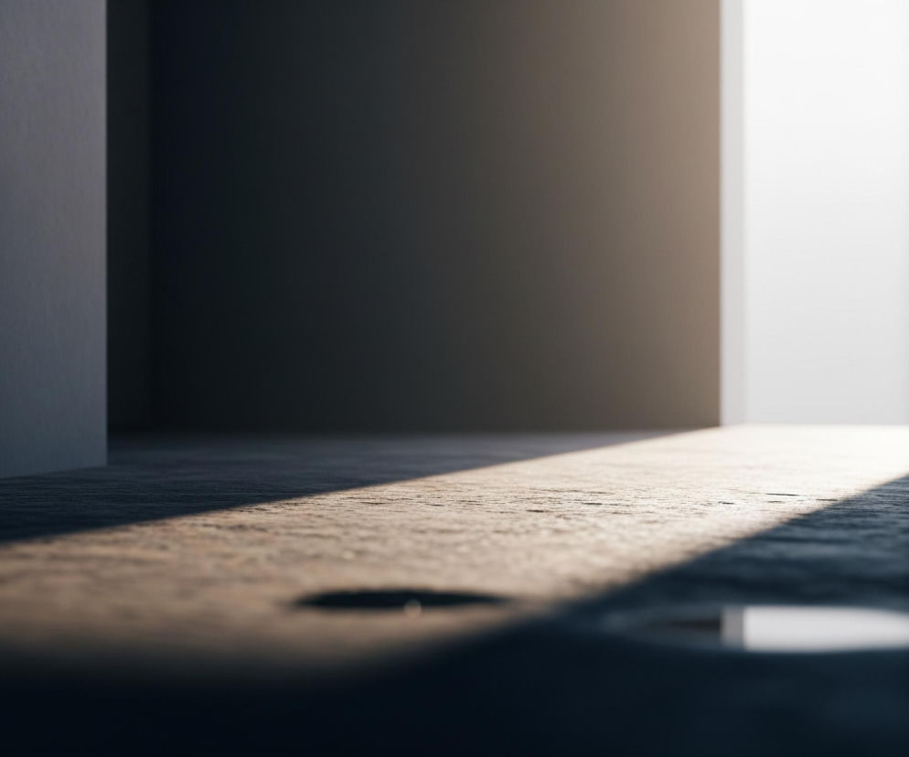 Ciemne pomieszczenie z podłogą o teksturze przypominającej beton lub kamień. Przez szczelinę po prawej stronie wpada strumień jasnego, ciepłego światła, tworząc wyraźny, prostokątny pas na podłodze. Lewa część kadru zajmuje ciemnoszara ściana, rzucająca cień i dodatkowo potęgująca kontrast między oświetlonym a zacienionym obszarem. Na pierwszym planie, w ciemniejszej części podłogi, widoczne są subtelne odbicia, sugerujące obecność małych kałuż lub wilgoci.