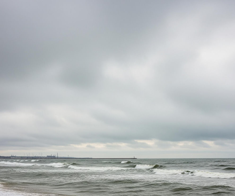 Morze z falami rozbija się o piaszczysty brzeg pod pochmurnym, szarym niebem, które zajmuje ponad połowę kadru. Na lewym brzegu obrazu widoczny jest fragment piasku, a dalej rozciąga się linia zielonkawo-szarej wody z licznymi białymi grzywaczami. W oddali, na horyzoncie, rysuje się ciemny pas lądu z zabudowaniami i portowymi dźwigami, a jeszcze dalej w prawo, na długiej, ciemnej konstrukcji, stoi mała, biała latarnia morska.