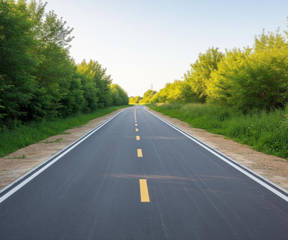 Przez środek obrazu biegnie asfaltowa droga o ciemnoszarym kolorze, zwężająca się ku horyzontowi i lekko zakręcająca w lewo. Na jezdni widoczne są przerywane, żółte linie środkowe oraz ciągłe, białe linie wyznaczające krawędzie drogi. Po obu stronach drogi rozciągają się zielone zarośla i drzewa o gęstych liściach, z jaśniejszymi odcieniami zieleni na górze, oświetlone promieniami słońca. Droga otoczona jest wąskim pasem żwiru i niskiej, zielonej trawy, a ponad drzewami widać jasne, niebieskie niebo.