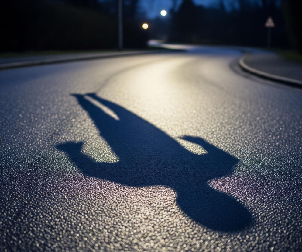 Na pierwszym planie, centralnie, widoczny jest ciemny cień człowieka, rozciągnięty na asfaltowej drodze. Asfalt jest pokryty licznymi, drobnymi kropelkami wody, odbijającymi światło w bieli i bladym fiolecie, co tworzy efekt ziarnistej tekstury. Droga zakręca w prawo w oddali i jest oświetlona ciepłym, żółtawym światłem, które rozświetla jej powierzchnię, tworząc wyraźny kontrast z ciemniejszymi partiami po bokach. W tle, po lewej stronie drogi, majaczy niewyraźne światło latarni ulicznej o jasnym, żółtym odcieniu.