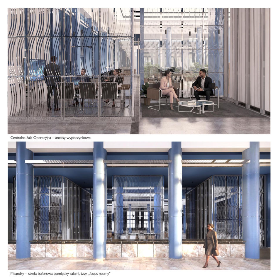 Wizualizacje zmodernizowanych wnętrz gmachu BGK w Warszawie wg JEMS Architekci