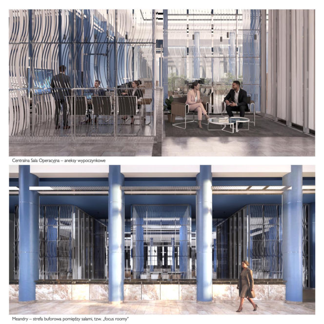 Wizualizacje zmodernizowanych wnętrz gmachu BGK w Warszawie wg JEMS Architekci