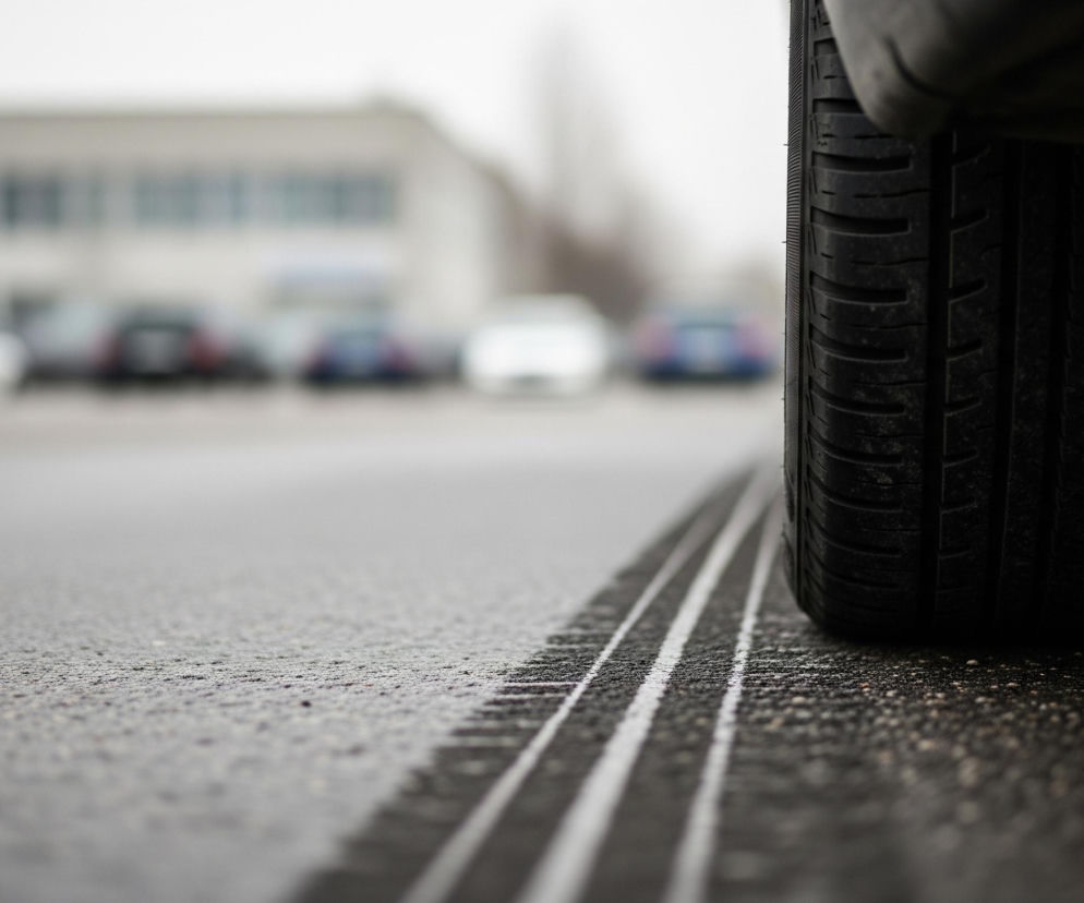 Ciemne, czarne koło pojazdu z widocznym bieżnikiem zajmuje prawą część kadru, stykając się z szarym, asfaltowym podłożem. Na asfalcie widoczne są trzy równoległe, jasnoszare linie odbite od bieżnika, rozciągające się ukośnie w kierunku lewego dołu obrazu. W tle, rozmyte i niewyraźne, znajduje się budynek w jasnym odcieniu oraz szereg zaparkowanych samochodów.
