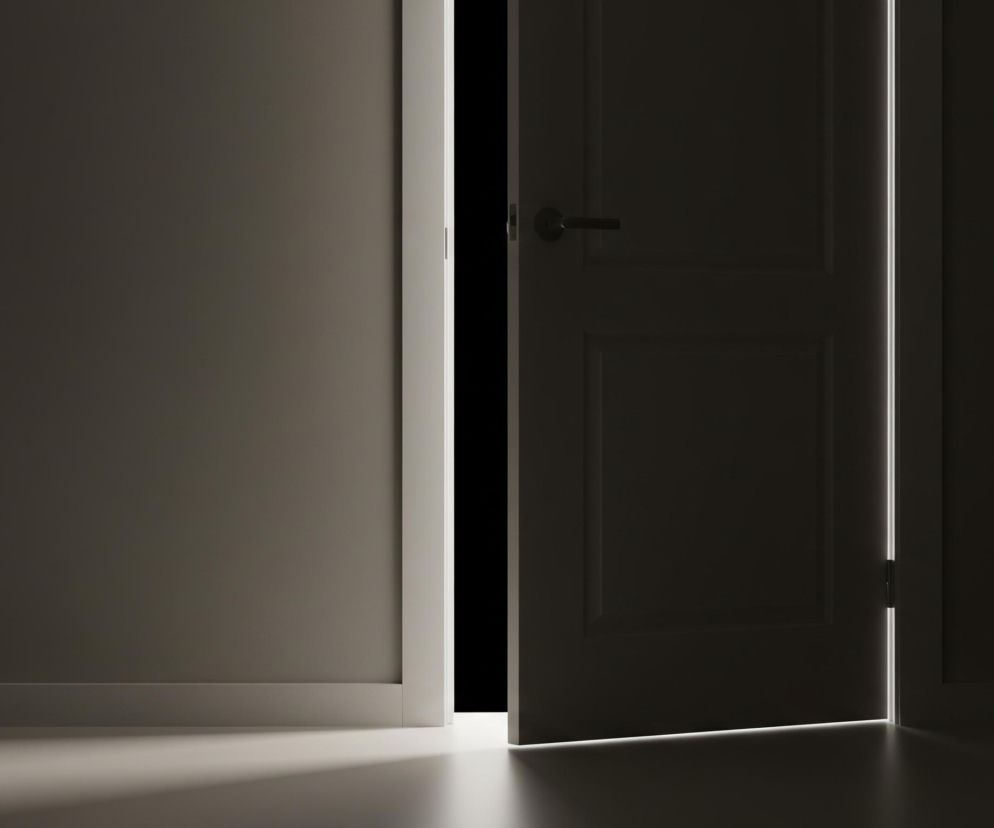 Uchylone ciemne drzwi zajmują centralną i prawą część kadru, z ciemną klamką skierowaną w lewo. Po lewej stronie drzwi, na ścianie w kolorze ciemnoszarym, widać białą listwę przypodłogową. Szpara między drzwiami a futryną, a także pod drzwiami, jest wypełniona intensywnym, białym światłem, które rozświetla również podłogę przed drzwiami.