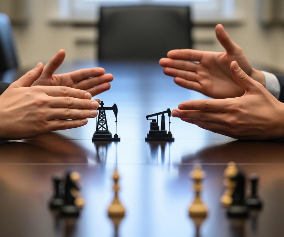 Pośrodku kadru, na brązowym, błyszczącym stole, leżą dwie miniaturowe, czarne figurki przedstawiające wieże wiertnicze. Po obu stronach stołu znajdują się męskie dłonie w rękawach garniturów i białych koszulach, skierowane wewnętrzną stroną do góry, z rozłożonymi palcami, jakby gestykulowały w kierunku wież wiertniczych. W tle, rozmyte, widoczne są czarne fotele biurowe, sugerujące salę konferencyjną. Poniżej wież wiertniczych, w odbiciu na stole, widać rozmyte figury szachowe – czarne i jasne.