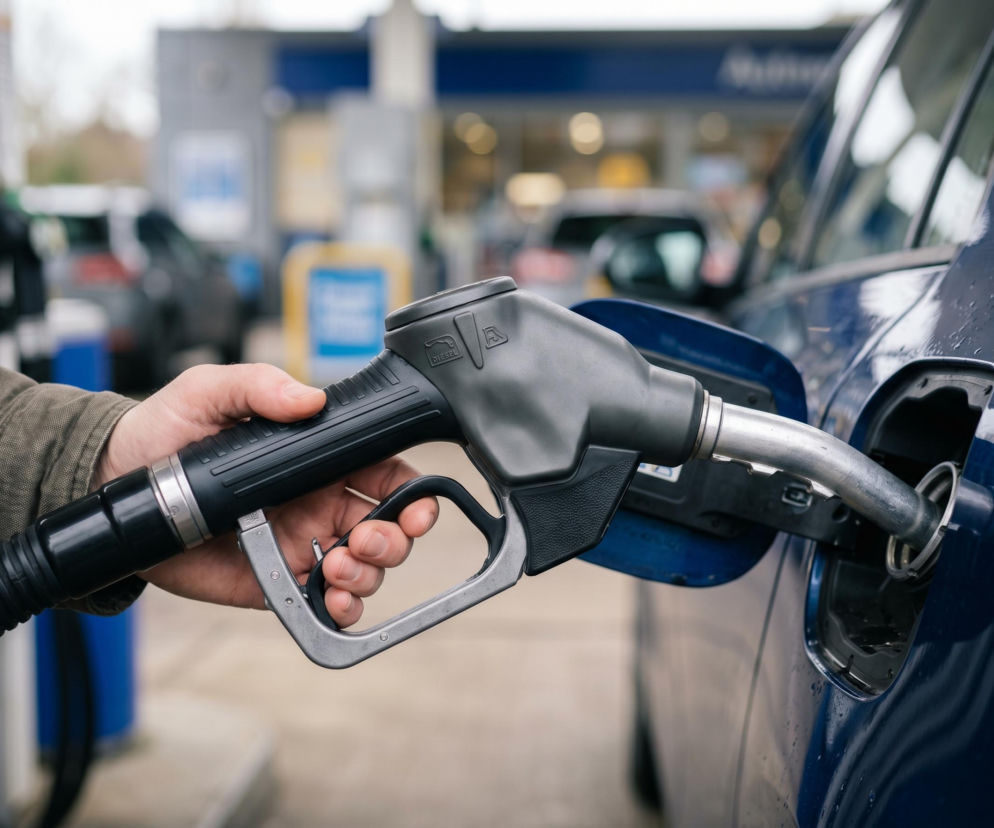 Dłoń osoby tankującej niebieski samochód, wlewając paliwo o symbolu Diesel, widoczne elementy stacji paliw w tle. Artykuły o zmianach cen paliw i ich wpływie na kierowców można przeczytać na Super Biznes.