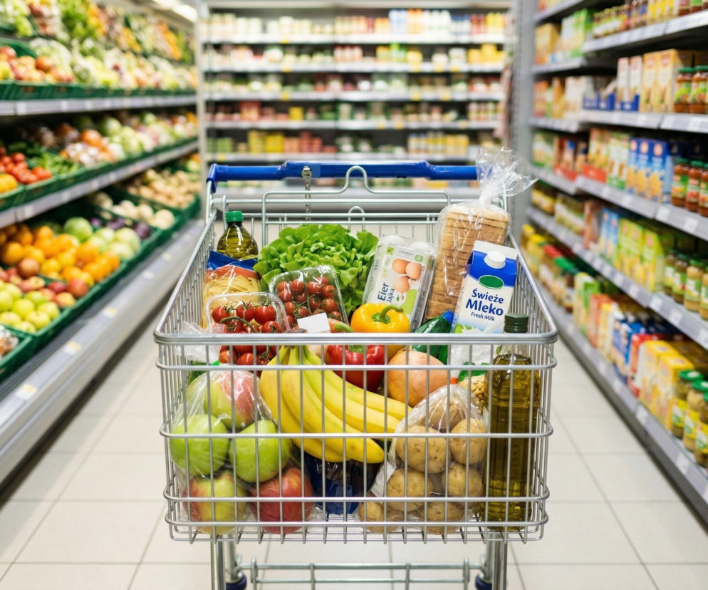 Wózek sklepowy wypełniony produktami spożywczymi: świeże warzywa, owoce, chleb, jajka, mleko i oliwa, stojący w alei supermarketu. Scena doskonale ilustruje przygotowania do majówki i zakupy na dłuższy weekend, o czym można przeczytać na Super Biznes.