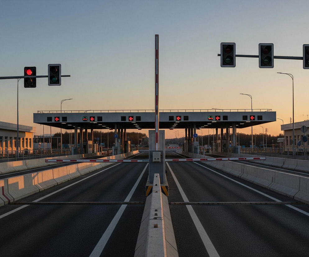 Prosta autostrada, składająca się z czterech pasów ruchu, dwóch w każdym kierunku, prowadzi do punktu poboru opłat. Barierki w kolorze czerwono-białym są opuszczone, blokując ruch, a sygnalizatory świetlne dla pojazdów wskazują czerwone światło w lewo i zielone w prawo, z jednym sygnalizatorem z czerwonym światłem nad centralną barierką. Nad wszystkimi pasami ruchu znajduje się zadaszenie z licznymi zielonymi i czerwonymi strzałkami oraz krzyżykami, wskazującymi kierunek otwarcia poszczególnych bramek. Po obu stronach drogi stoją dwupiętrowe budynki, a w tle rozciąga się zachodzące słońce, malując niebo odcieniami pomarańczu i błękitu.