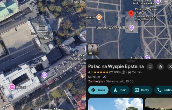 Pałac Kibolski, Pałac na Wyspie Epsteina. Skandal w Google Maps. Ktoś zmienił nazwy znanych miejsc w Polsce