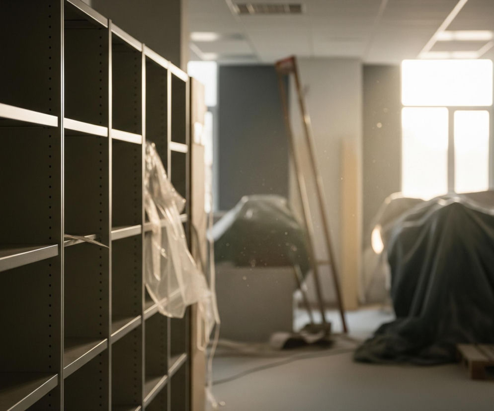 Po lewej stronie kadru widoczny jest pionowy rząd ciemnoszarych, metalowych regałów, częściowo oświetlonych od prawej. Regały są puste, z licznymi otworami na ściankach bocznych. Prawa strona zdjęcia ukazuje wnętrze pomieszczenia, z dominującym jasnym światłem wpadającym przez duże okno w tle. W pomieszczeniu znajdują się przedmioty pokryte ciemnymi płachtami, jedna duża płachta dominuje w centralnej części. Na podłodze leży drewniana paleta, a obok niej oparta o ścianę długa drabina lub podobny obiekt. Całość sprawia wrażenie nieukończonego lub remontowanego wnętrza, z widocznymi w powietrzu drobinami kurzu rozświetlonymi przez światło.