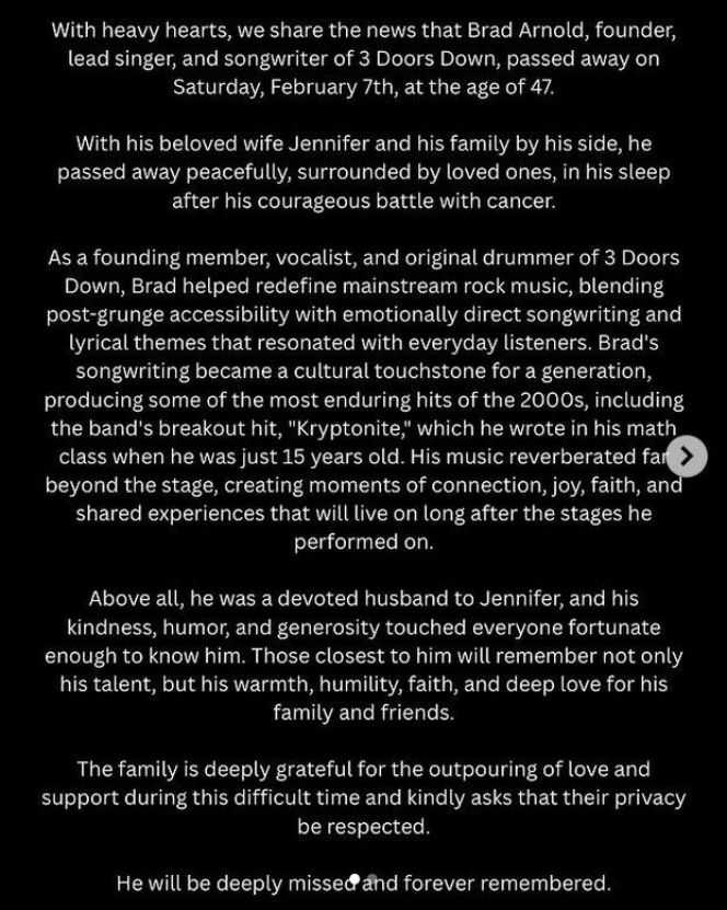 Nie żyje Brad Arnold. Był wokalistą zespołu 3 Doors Down. Miał tylko 47!