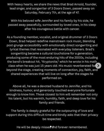 Nie żyje Brad Arnold. Był wokalistą zespołu 3 Doors Down. Miał tylko 47!