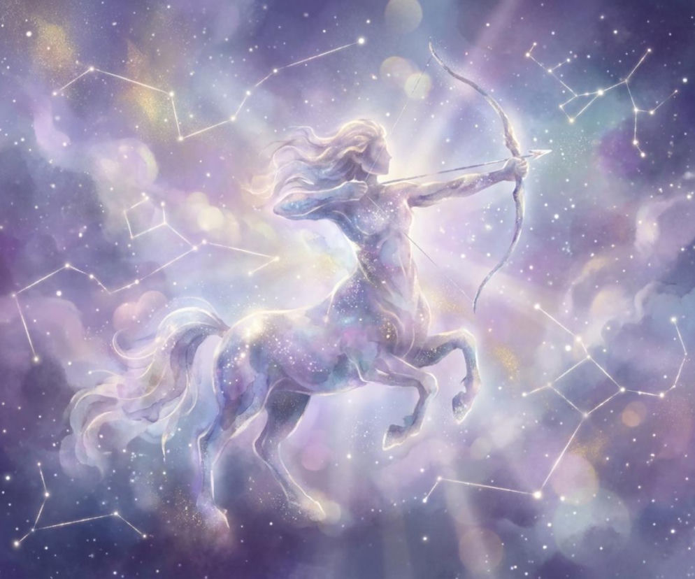 Mitologiczny centaur z łukiem na tle gwiazd i konstelacji. O horoskopie dla Strzelca przeczytasz w serwisie Eska.
