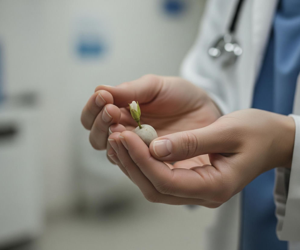 Dłonie osoby w białym kitlu i niebieskiej bluzce delikatnie trzymają małą, szarą kulkę, z której wyrasta zielona łodyga z białym pąkiem kwiatu. Kciuk i palec wskazujący lewej dłoni przytrzymują kulkę od góry, a prawa dłoń wspiera ją od dołu. Na ubraniu osoby widoczny jest czarny stetoskop ze srebrnymi i beżowymi elementami. Tło jest rozmyte, widoczne są niewyraźne kształty przedmiotów w jasnych odcieniach, z akcentami błękitu po lewej stronie.