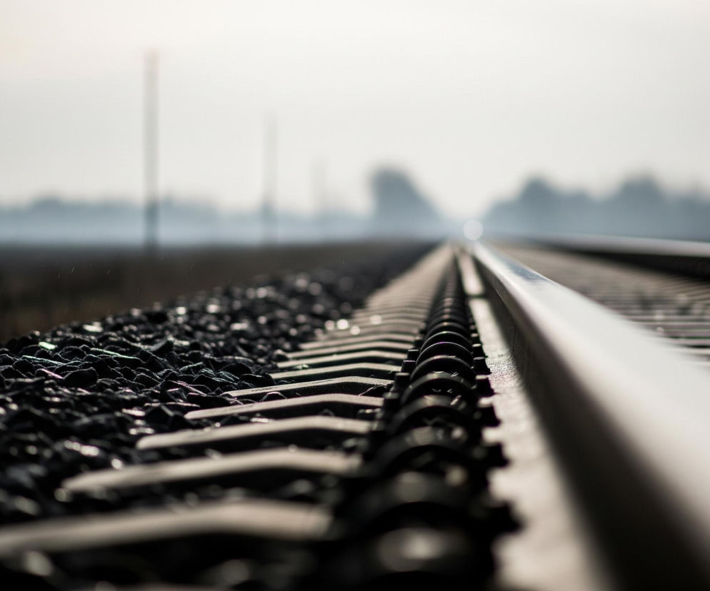Pojedynczy tor kolejowy biegnie przez środek kadru, od dołu w prawym rogu do niewyraźnego punktu na horyzoncie, z perspektywą z niskiego poziomu. Szary metalowy tor jest mocno rozmyty w miarę oddalania się. Po jego prawej stronie leży szereg czarnych szyn i drobnych kamieni z widocznymi refleksami światła, natomiast po lewej stronie znajdują się liczne, wyraźnie widoczne ciemne kamienie pokryte wilgocią lub drobnymi kroplami deszczu. Tło jest rozmyte, ukazując szarobiałe niebo, niewyraźne ciemne drzewa i pionowe słupy.