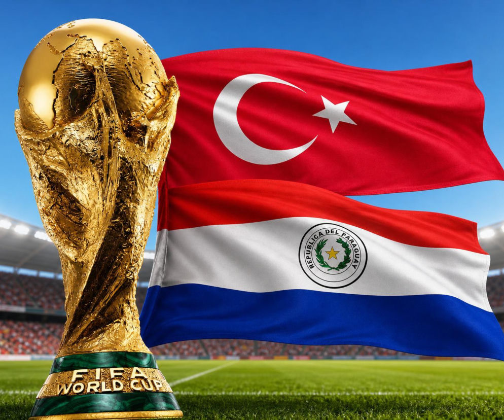 Złote trofeum Pucharu Świata FIFA oraz flagi Turcji i Paragwaju, symbolizujące mecz Mundialu 2026. Pełne statystyki, składy i wynik spotkania Turcja – Paragwaj można znaleźć na naszym portalu.