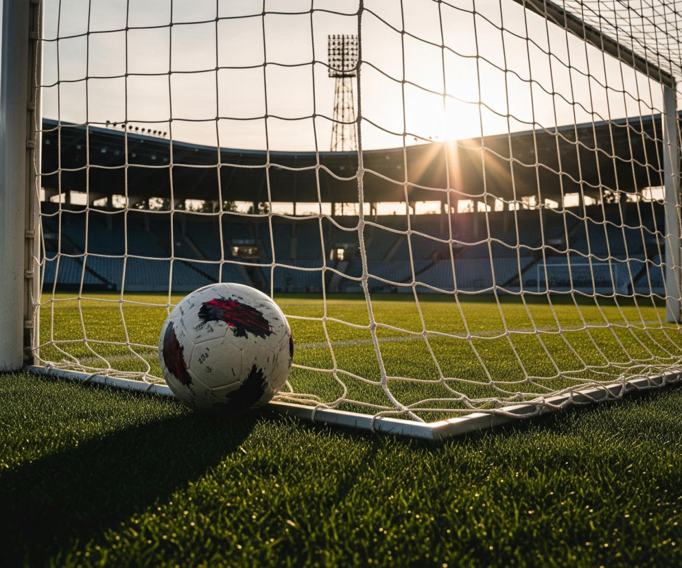 Biała piłka z czerwono-czarnymi wzorami leży na zielonej trawie przed bramką piłkarską z białą siatką. Słońce, z wyraźnymi promieniami, świeci na niebie za bramką, oświetlając fragment stadionu z pustymi trybunami i wieżami oświetleniowymi. Ciemne cienie rozciągają się po murawie od bramki i piłki, a trawa w bezpośrednim świetle słońca ma intensywnie zielony odcień.
