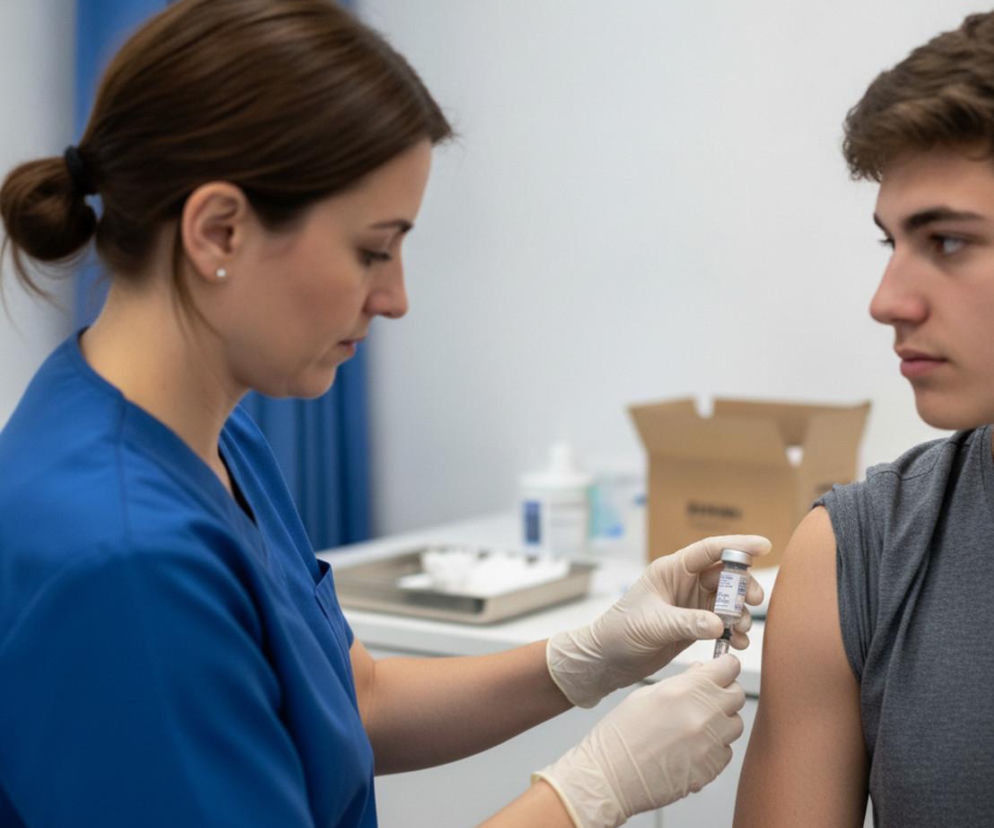 Pielęgniarka w niebieskim stroju podaje szczepionkę w ramię młodego mężczyzny. O profilaktyce HPV czytaj na Poradnik Zdrowie.