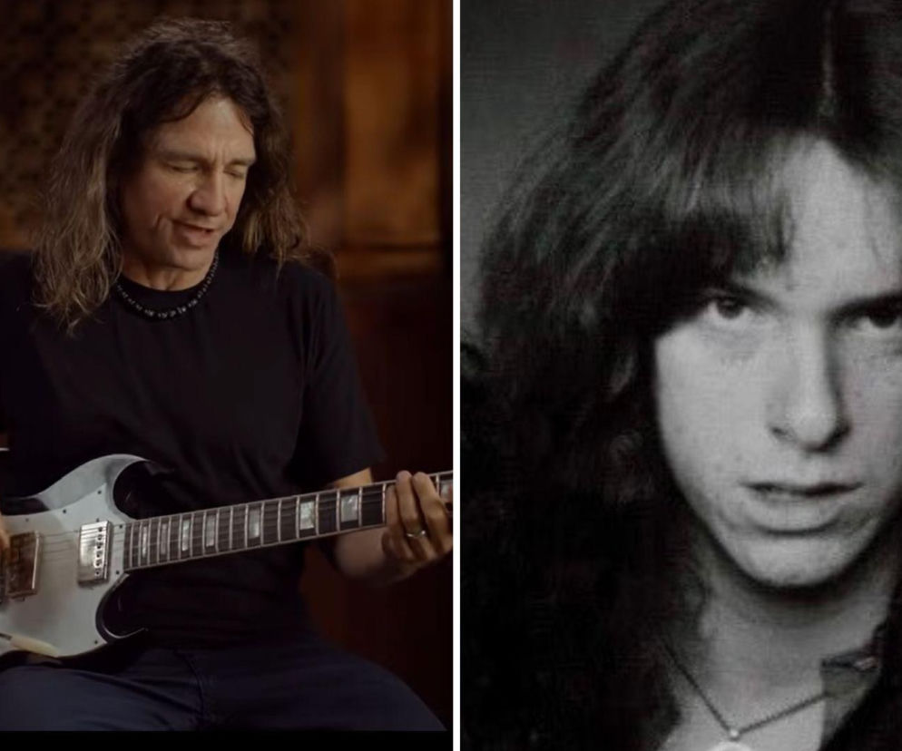 Gitarzysta Larry LaLonde z gitarą, a obok archiwalne zdjęcie Cliffa Burtona. O muzykach przeczytasz na EskaRock.