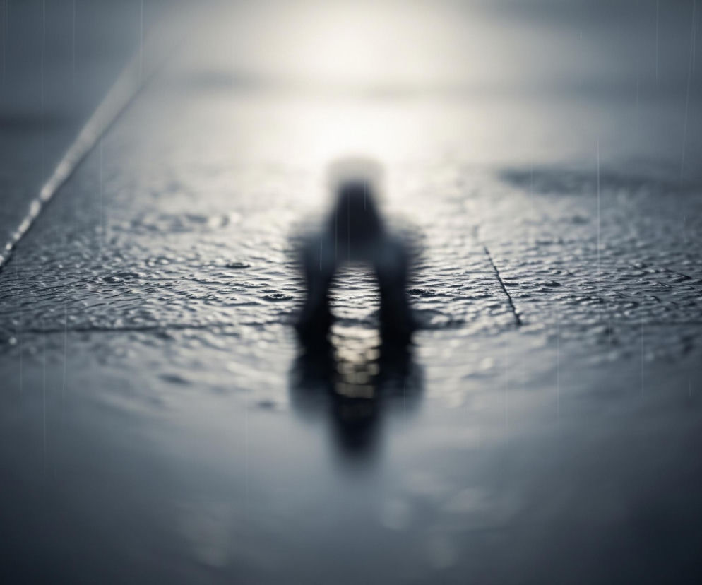 Rozmyta postać, prawdopodobnie człowieka, stoi na mokrej, ciemnej nawierzchni, która odbija jej sylwetkę. Tło jest jasne, prawie białe, rozświetlone od góry. Cała scena utrzymana jest w chłodnych, ciemnych odcieniach szarości i błękitu, z licznymi pionowymi liniami symulującymi padający deszcz. Powierzchnia ziemi wydaje się składać z płyt, z wyraźnymi łączeniami i kropelkami wody na jej nierównej fakturze.