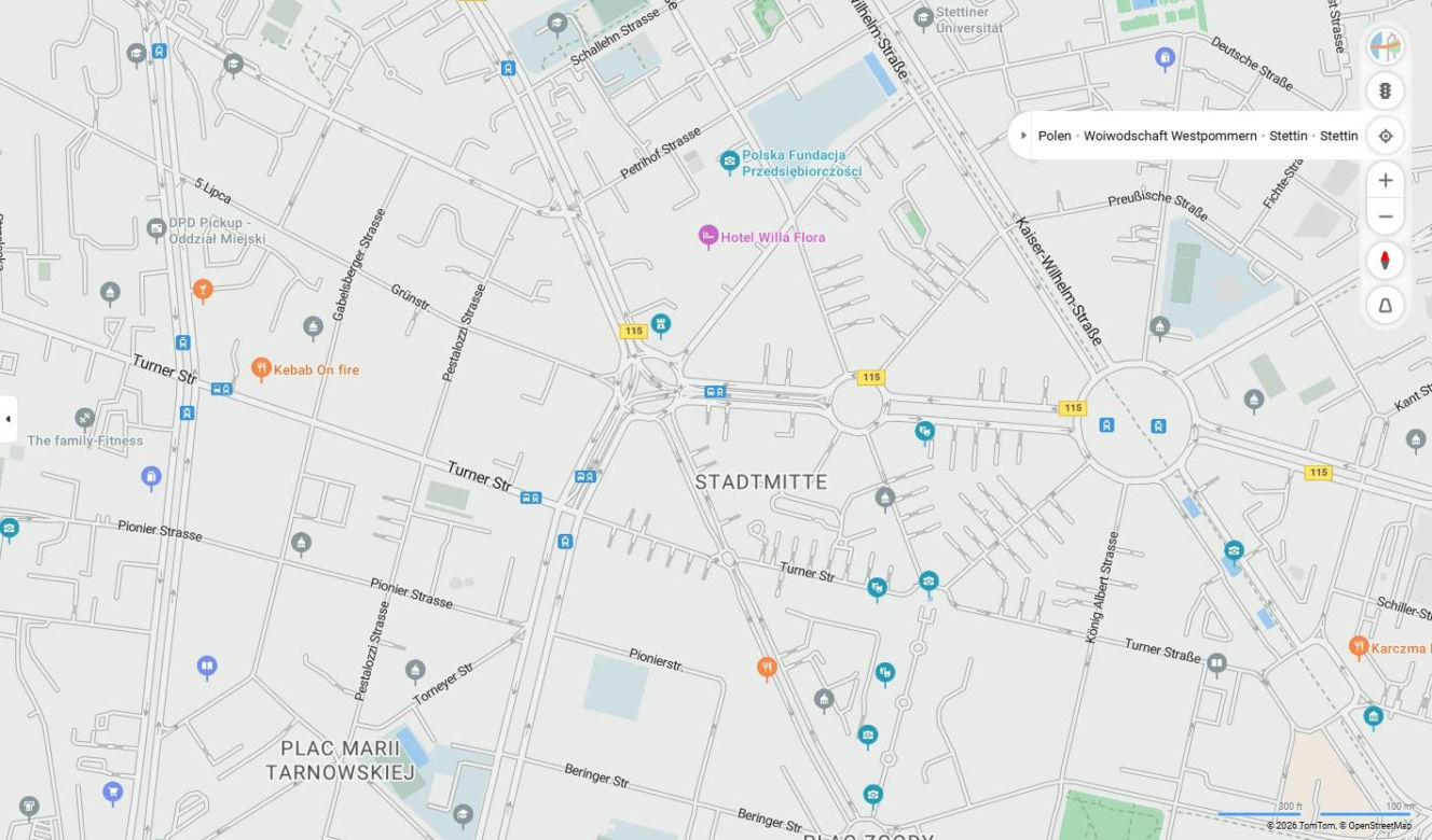 Niemieckie nazwy ulic w Szczecinie na mapach Bing