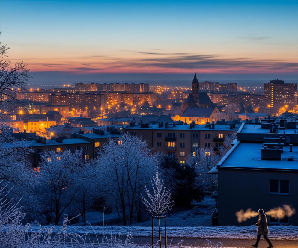 Miasto o zmierzchu lub świcie pokryte jest warstwą szronu, nad którym rozciąga się niebo przechodzące od błękitu na górze do pomarańczowo-różowych odcieni na horyzoncie. W oddali widać liczne budynki mieszkalne i pojedynczy kościół z wysoką wieżą, wszystkie oświetlone ciepłym światłem z okien. Na pierwszym planie, po prawej stronie, idzie postać w płaszczu, z ust której wydobywa się widoczna para. Zamarznięte drzewa i krzewy z gałęziami pokrytymi szronem otaczają chodnik i budynki mieszkalne w tle, których dachy również pokrywa warstwa śniegu lub szronu.