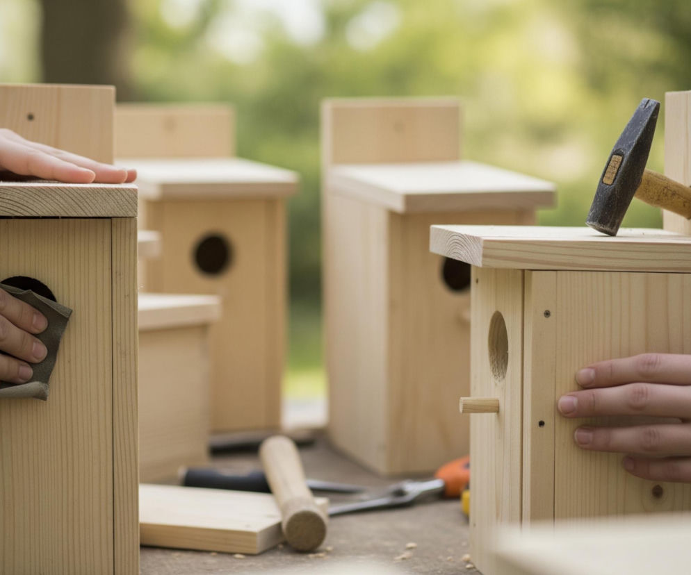 Dłonie osób montujących drewniane budki dla ptaków. Centralny plan zajmują trzy dłonie oraz cztery jasne, drewniane budki z okrągłymi otworami wejściowymi; na jednej z nich młotek wbija gwóźdź, a inna budka jest szlifowana papierem ściernym przez dwie ręce. Tło rozmyte, zielone, sugeruje plener. Na stole leżą również inne narzędzia, takie jak drewniany młotek i szczypce.