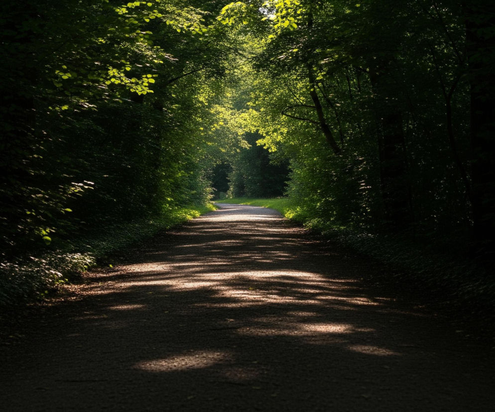 Droga o szarej, ziarnistej nawierzchni biegnie przez ciemny, gęsty las, tworząc perspektywiczny tunel. Słońce przebija się przez korony drzew, oświetlając fragmenty ścieżki i liści jasnozielonymi plamami światła, kontrastując z głębokim cieniem panującym po bokach drogi i w jej dalszej części. Na pierwszym planie i w środkowej części drogi widoczne są nieregularne, wydłużone cienie rzucane przez drzewa i liście, tworzące mozaikę światła i mroku.