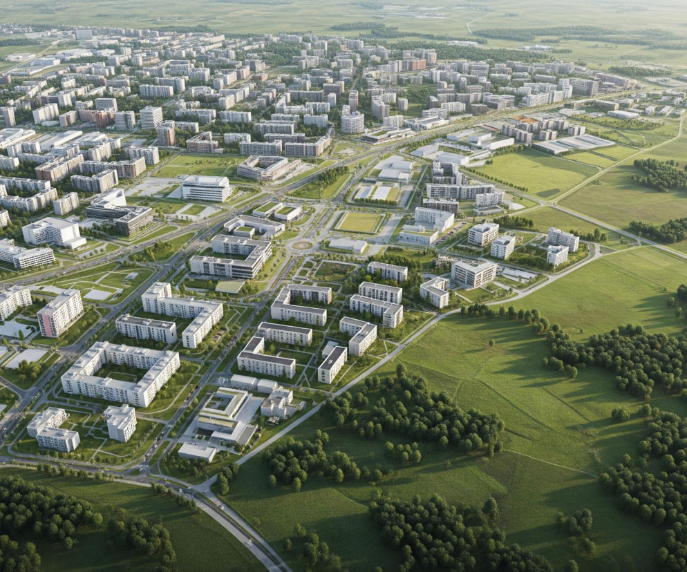 Z lotu ptaka widać rozległy obszar miejski z dużą liczbą budynków i zieleni. Centralną część obrazu zajmuje miasto z licznymi, nowoczesnymi, wielopiętrowymi budynkami o jasnych elewacjach, często otoczonymi zielonymi trawnikami i drzewami. Między budynkami wiją się asfaltowe drogi z widocznymi samochodami, a także skrzyżowania i ronda. Na wschodniej i południowej stronie obrazu dominują rozległe, zielone pola, poprzecinane pasami drzew i pojedynczymi drogami, w tle widać zamglony horyzont.