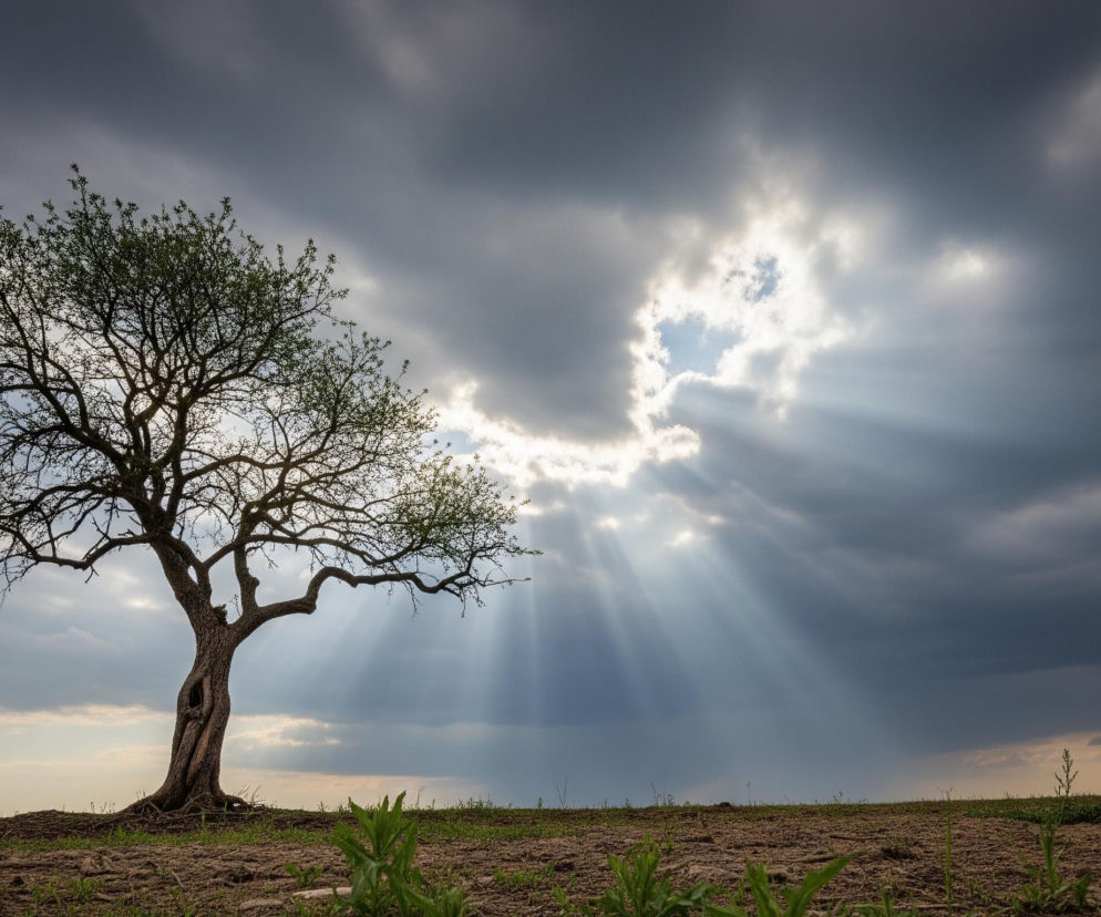 Samotne drzewo o nieregularnym, poskręcanym pniu i rozłożystych, cienkich gałęziach z rzadkimi, drobnymi liśćmi, stoi na niewielkim wzniesieniu. Drzewo jest widoczne od lewej strony kadru, a jego korona rozciąga się niemal na całą szerokość górnej części obrazu. Niebo dominuje w tle, z większością zajętą przez ciemne, burzowe chmury, z których w centralnej części przebijają się jasne promienie słońca, tworząc widoczne smugi światła. Po lewej stronie nieba, nad koroną drzewa, widać fragmenty błękitnego nieba z jaśniejszymi, rozproszonymi chmurami, natomiast horyzont po prawej stronie charakteryzuje się jasną, beżowo-szarą poświatą. Ziemia na pierwszym planie to spękana gleba o brązowym zabarwieniu, pokryta rzadkimi kępkami zielonej trawy i niskich roślin.