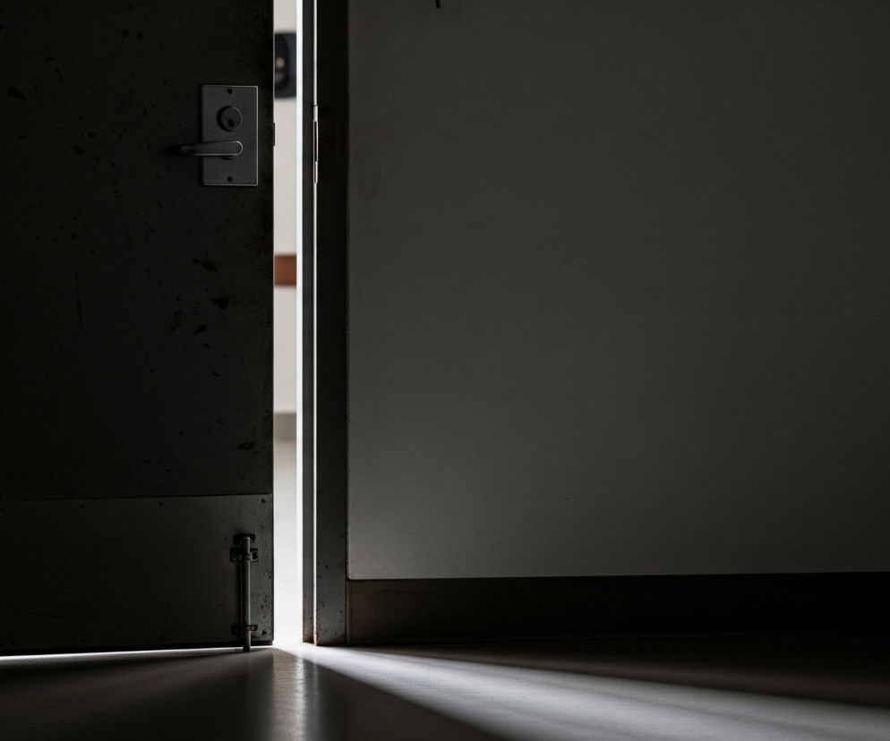 Lekko uchylone drzwi ukazują jasną szczelinę światła na tle ciemnego pomieszczenia. Lewa strona obrazu jest zdominowana przez ciemne skrzydło drzwi, z widoczną na nim metalową klamką i zamkiem. Po prawej stronie rozciąga się ściana, częściowo oświetlona smugą światła padającą zza drzwi, tworzącą wyraźny trójkątny kształt na podłodze. Dolna część ściany posiada ciemną listwę, a cała scena utrzymana jest w kontrastowych barwach bieli, szarości i czerni.