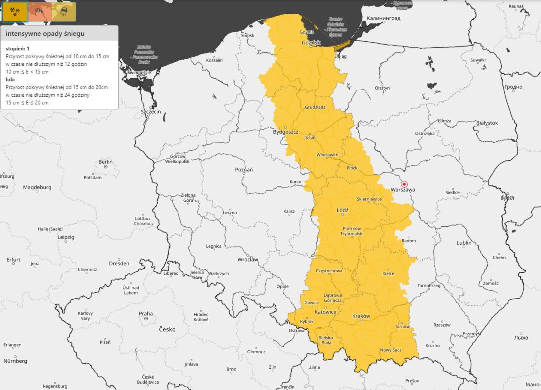 IMGW zapowiada intensywne opady śniegu, mapa zagrożeń pogodowych na piątek 3 lutego