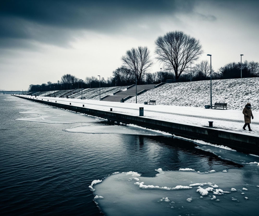 Człowiek w beżowym płaszczu i czarnych butach idzie po śnieżnym chodniku wzdłuż brzegu rzeki. Rzeka pokryta jest ciemną, falującą wodą z pływającymi fragmentami lodu. Obok chodnika znajduje się pokryte śniegiem zbocze z ławkami, latarniami i gołymi drzewami, a w tle widać most wiszący. Ciemne chmury dominują na zimowym niebie.