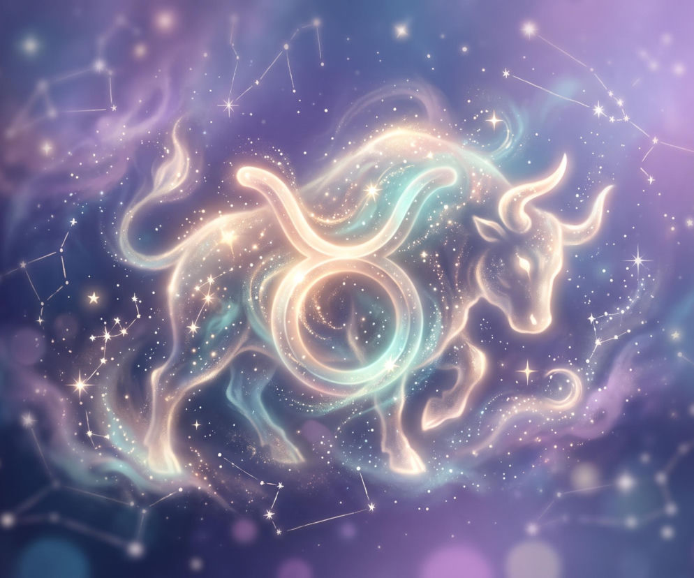 Świecąca sylwetka byka z symbolem zodiaku na tle gwiazd. O horoskopie dla Byka przeczytasz na Eska.