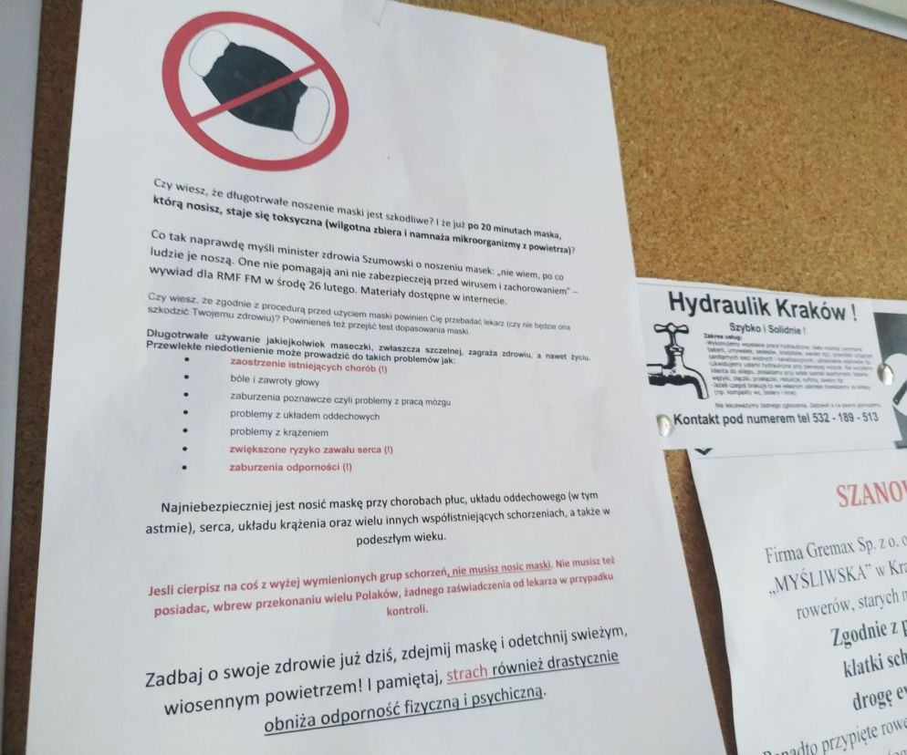 Po ruchu antyszczepionkowym czas na ruch... antymaseczkowy?! Dziwne apele na osiedlach w Płaszowie