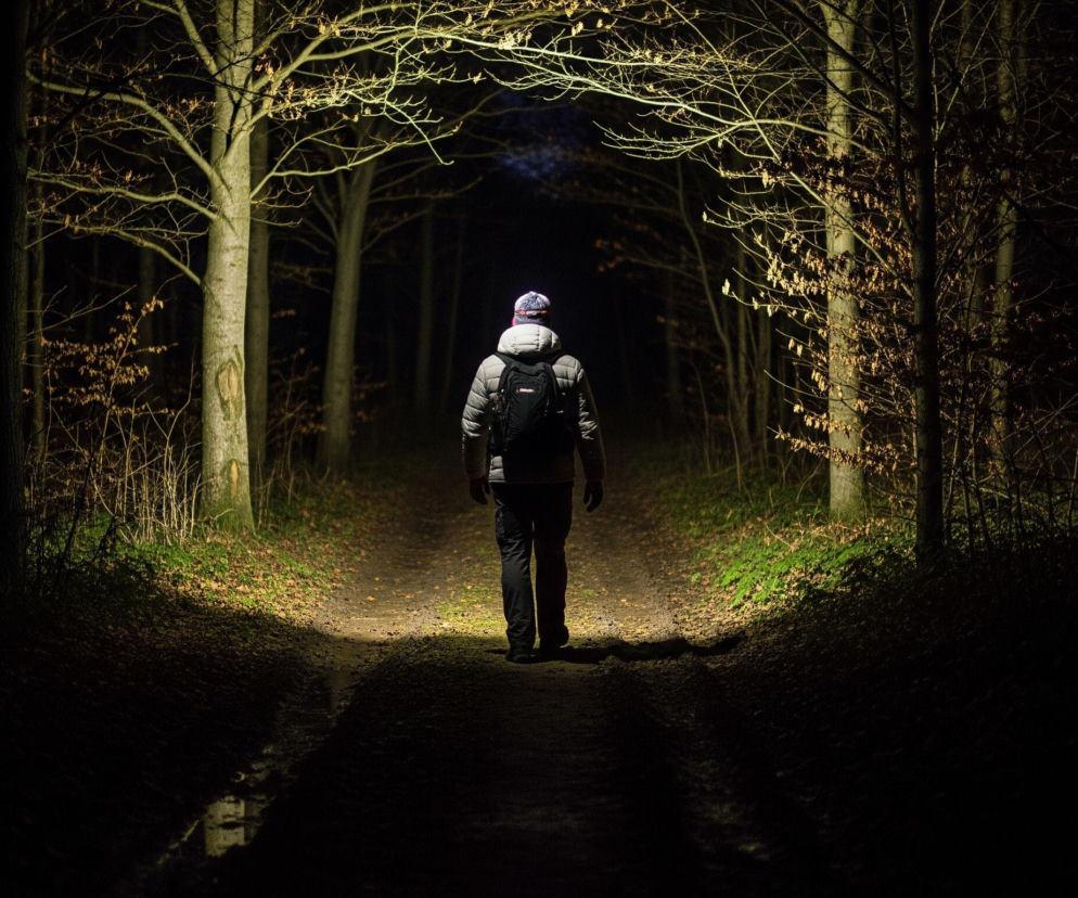 Osoba w szarym płaszczu i czapce z latarką na głowie idzie wąską, błotnistą ścieżką przez las, odwrócona plecami do obserwatora. Światło z czołówki oświetla fragment ścieżki i pnie oraz gałęzie drzew w centralnej części zdjęcia, tworząc tunel światła w otaczającej ciemności. Po obu stronach ścieżki znajdują się gęsto rosnące drzewa o nagich gałęziach i nielicznych brązowych liściach, tworząc ciemną, nieprzeniknioną ścianę lasu, która stopniowo zlewa się z mrokiem na krańcach kadru.