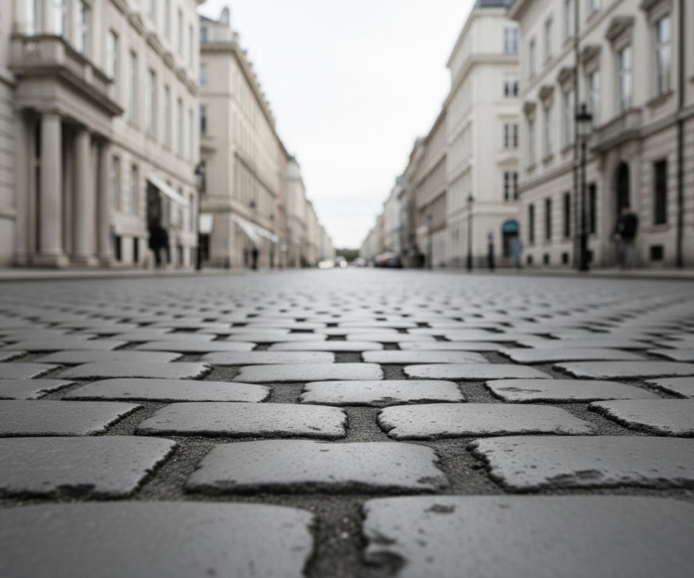 Ulica wyłożona jest ciemnoszarą kostką brukową o nieregularnych kształtach, zajmującą dolną połowę kadru i biegnącą w dal, gdzie staje się niewyraźna. Po obu stronach drogi wznoszą się symetrycznie jasne, klasyczne budynki o wielu kondygnacjach, z licznymi oknami i elementami architektonicznymi takimi jak kolumny i gzymsy. Między budynkami rozciąga się jasne, zachmurzone niebo. Na horyzoncie widać niewyraźne sylwetki ludzi oraz samochodów, a wzdłuż lewej strony ulicy stoi czarna latarnia uliczna.