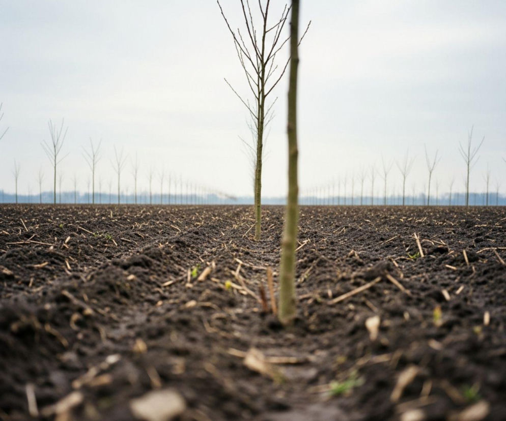 Rząd młodych sadzonek drzew na zaoranym, ciemnym polu w pochmurny dzień. Widok z niskiej perspektywy podkreśla świeżo posadzone drzewka, symbolizujące dopłaty do zadrzewień śródpolnych. Więcej o wsparciu dla rolników przeczytasz na Super Biznes.