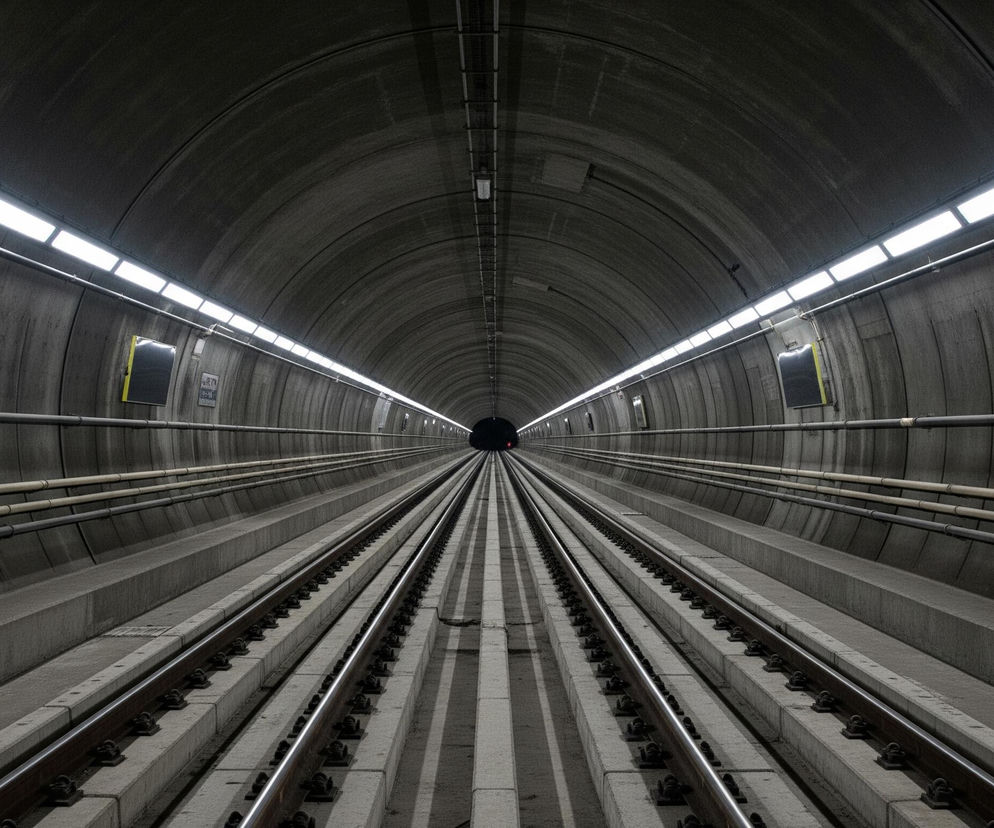 Głęboki tunel metra rozciąga się w perspektywie, zbiegając się w ciemnym punkcie na horyzoncie. Szare betonowe ściany i sufit tunelu są lekko zaokrąglone, a po obu stronach wzdłuż górnej części biegnie rząd jasnych, prostokątnych lamp, które rzucają światło na wnętrze. Na dole znajdują się cztery tory kolejowe, każdy złożony z dwóch szyn spoczywających na betonowych podkładach, biegnące równolegle do siebie i znikające w oddali. W głębi tunelu widać mały czerwony punkt światła.