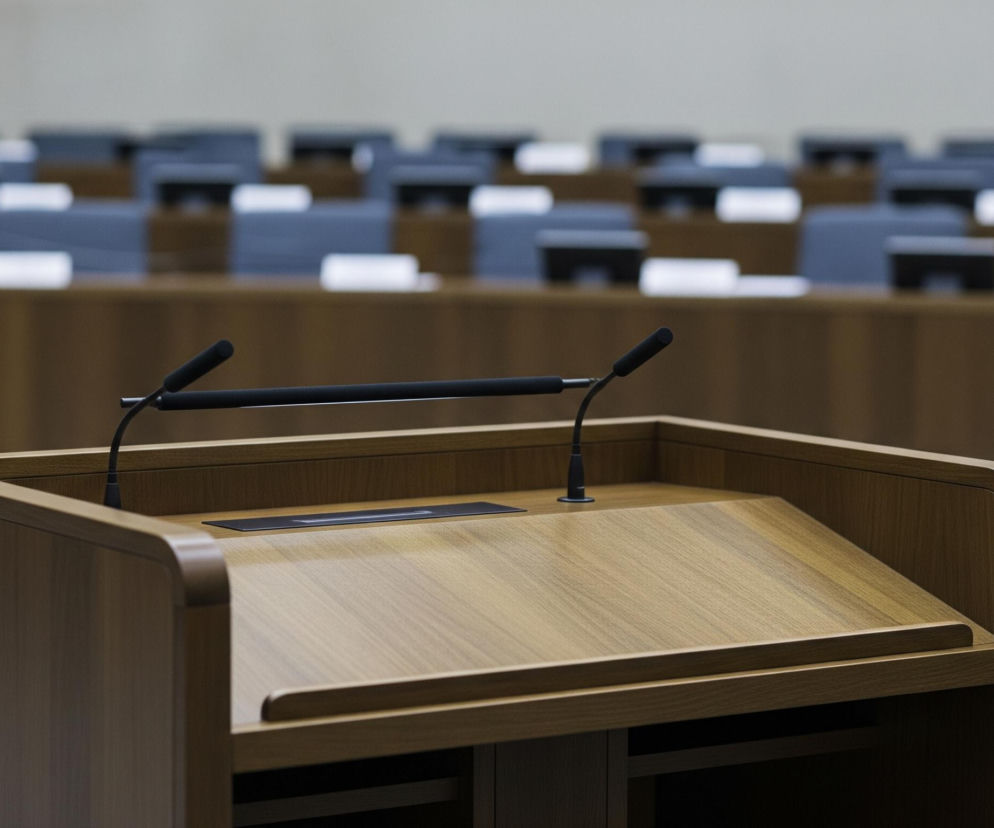 Na pierwszym planie znajduje się drewniana mównica o barwie jasnobrązowej z widocznym usłojeniem. Górna, pochylona powierzchnia mównicy jest gładka, a na jej górnej krawędzi zamontowane są dwa czarne mikrofony na elastycznych ramionach oraz podłużny, czarny panel. Za mównicą rozciąga się rzędami publiczność, składająca się z wielu drewnianych blatów i ciemnoszarych foteli, każdy z jasnym panelem z przodu. Tło jest rozmyte, z niewyraźnymi kształtami rzędów foteli i jasnoszarą ścianą w górnej części.