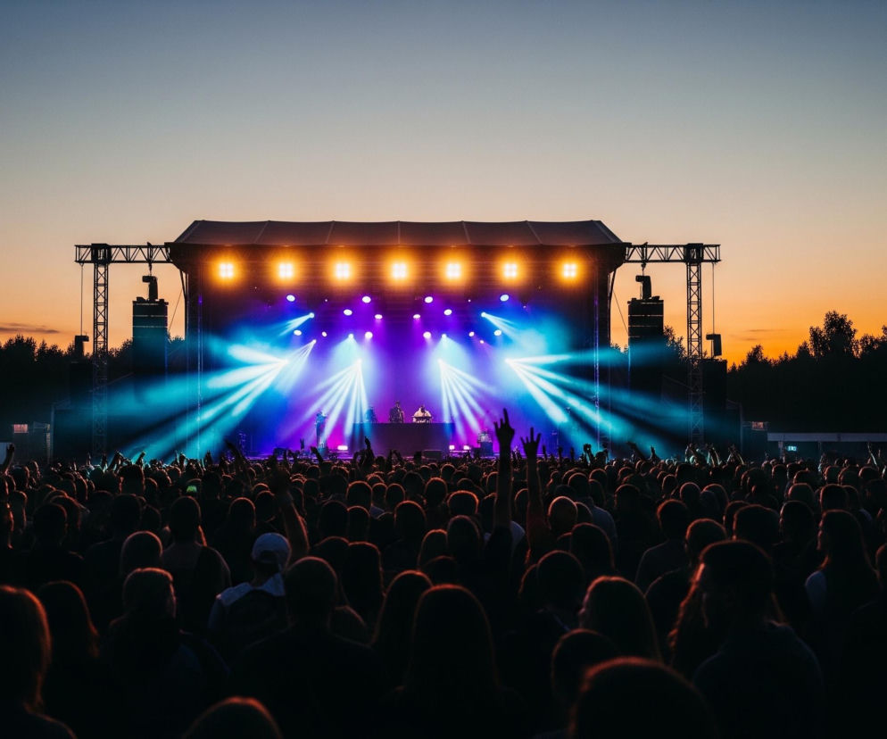 Wielki tłum ludzi stoi zwrócony w stronę sceny podczas koncertu plenerowego o zmierzchu. Scena jest podświetlona intensywnymi, jaskrawymi światłami w kolorach niebieskim, fioletowym i pomarańczowym, które rozświetlają sylwetki trzech osób występujących. Nad sceną rozciąga się ciemne niebo, przechodzące od pomarańczowego horyzontu tuż nad linią ciemnych drzew do granatowego w górnej części. Ludzie w tłumie, widoczni od tyłu, mają podniesione ręce, a ich głowy i ramiona tworzą ciemne, zamazane sylwetki na tle sceny i nieba.