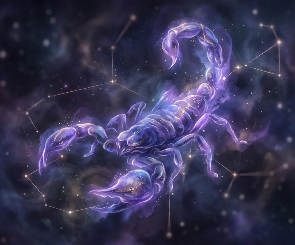 Fioletowy skorpion jako gwiazdozbiór na tle gwiezdnego nieba, otoczony mgławicami i delikatnymi złotymi drobinkami, symbolizuje horoskop dzienny Skorpiona na naszym portalu. Artykuł poświęcony jest autentyczności, miłości, pracy, finansach i zdrowiu.