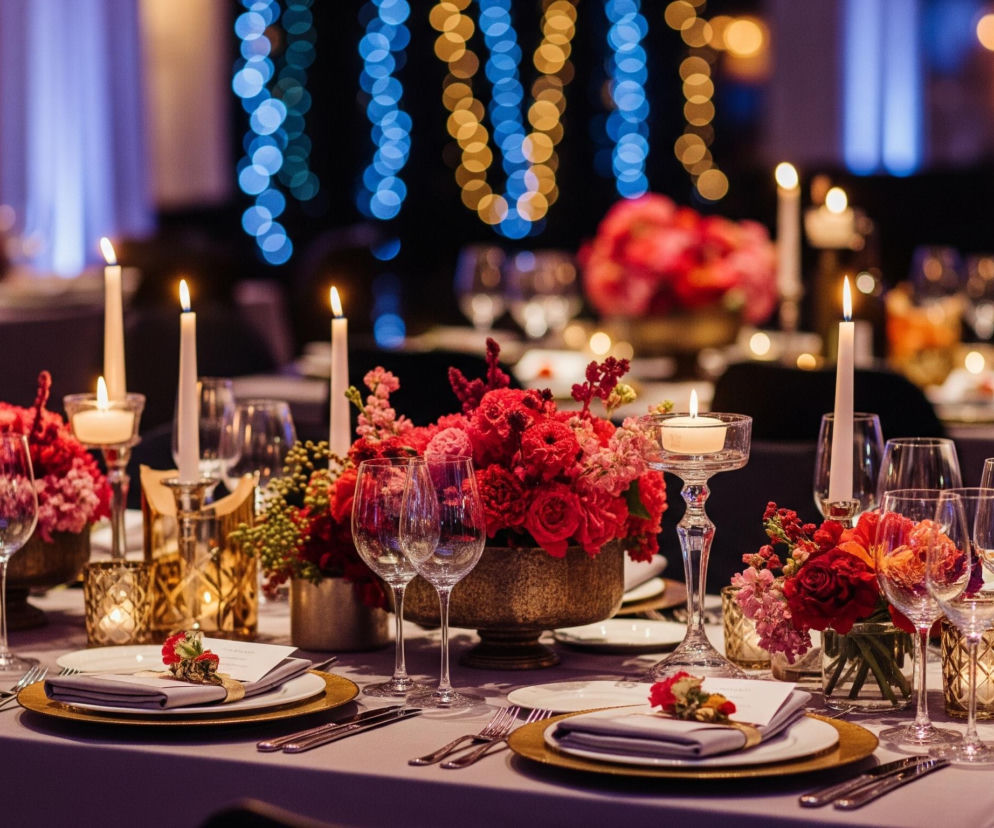 Rozświetlony stół bankietowy, pokryty jasnofioletowym obrusem, jest centralnym elementem obrazu, zastawiony złotymi podtalerzami, białymi talerzami oraz szarymi serwetkami. Na serwetkach leżą małe wiązanki z czerwonych kwiatów i złotych wstążek, obok widelców i noży. Wiele kieliszków na wino oraz butelki stoją rozmieszczone na stole.

Bogate kompozycje z czerwonych i różowych kwiatów znajdują się w ozdobnych, złotych wazonach, otoczone płonącymi białymi świecami w wysokich, szklanych świecznikach i złotych lampionach, emitujących ciepłe światło. W tle widoczne są rozmyte, niebieskie i złote światła bokeh, tworzące uroczystą atmosferę.