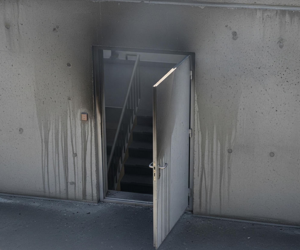 Na zdjęciu widoczna jest szara, betonowa ściana z otwartymi drzwiami prowadzącymi do ciemnej klatki schodowej. Wokół futryny drzwi i wzdłuż ściany widać rozległe, czarne osmalenia i zacieki, co sugeruje pożar. Na lewo od drzwi znajduje się brązowy przycisk, a na dole podłoga jest ciemnoszara i pokryta drobnym pyłem.