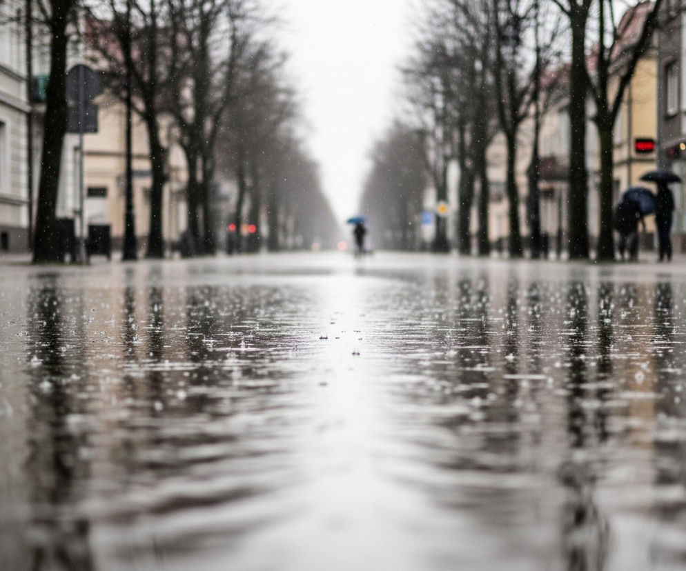 Mokra, błyszcząca powierzchnia ulicy z widocznymi odbiciami i kroplami deszczu zajmuje dolną połowę kadru, a pojedyncze, białe punkty unoszą się nad nią, tworząc wrażenie padającego deszczu lub śniegu. W tle rozciąga się miejski krajobraz z długim rzędem wysokich, nagich drzew po obu stronach ulicy, tworząc aleję. Po lewej i prawej stronie widoczne są niewyraźne sylwetki budynków o jasnych fasadach, a także kilka rozmytych postaci z parasolami, przemieszczających się wzdłuż ulicy. Horyzont stapia się w jasną, niemal białą poświatę, co wskazuje na pochmurny dzień.