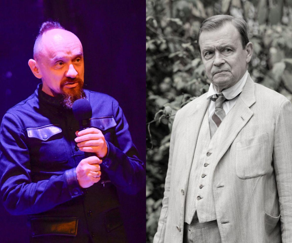 Jan Klata przemawia do mikrofonu, obok zdjęcie aktora Jana Frycza. O zmianach w Teatrze Narodowym czytaj w SE.