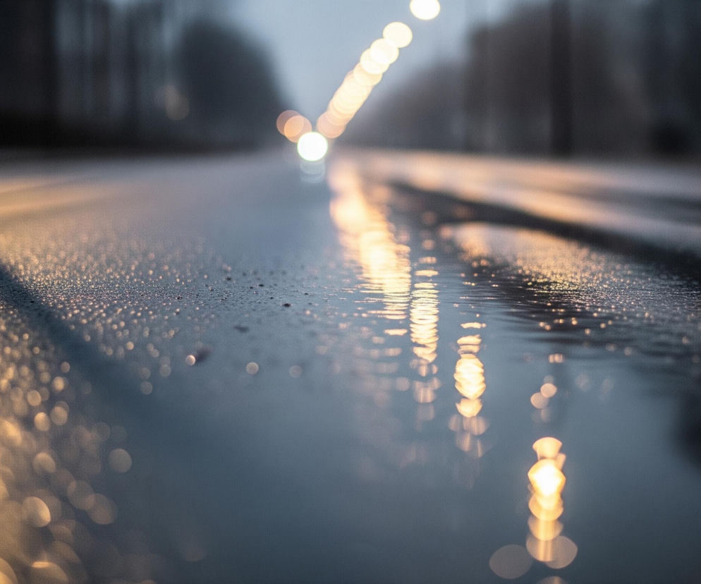 Mokra, ciemna droga zajmuje pierwszy plan, pokryta drobnymi kroplami wody, które odbijają rozmyte, żółto-pomarańczowe światła z lewej strony. Po prawej stronie widać większe, nieregularne kałuże, w których światła uliczne z dalszego planu tworzą wydłużone, pionowe odbicia. W głębi, w oddali, ciągnie się rząd intensywnych, okrągłych, białych i żółtych świateł, tworzących perspektywiczną linię. Tło jest rozmazane, utrzymane w szaro-niebieskich odcieniach, z niewyraźnymi ciemnymi kształtami po bokach, sugerującymi drzewa lub budynki.