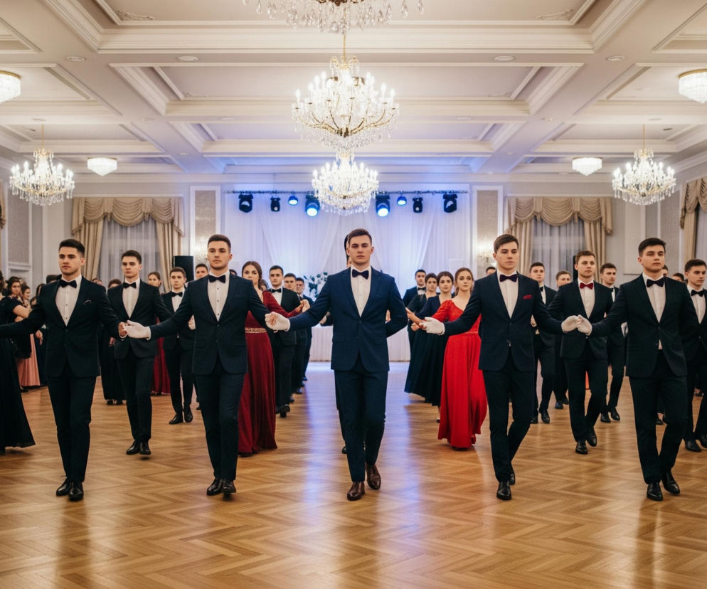 Dużą grupę młodych ludzi, ubraną odświętnie, tańczącą w obszernej sali balowej. W centrum znajduje się rząd młodych mężczyzn w ciemnych garniturach z muszkami, którzy trzymając się za ręce w białych rękawiczkach, wykonują zsynchronizowany ruch kroku do przodu. Za nimi widoczne są młode kobiety w długich, balowych sukniach w kolorach bordowym i czarnym, również poruszające się w rytmie tańca.

Sala ma wysoką, białą sufit z licznymi zdobieniami i zawieszonymi kryształowymi żyrandolami, które intensywnie świecą, rozświetlając parkiet. Ściany są utrzymane w jasnej kolorystyce, z ozdobnymi panelami i beżowymi zasłonami z lambrekinami. W tle, na podwyższeniu, widoczne są niebieskie światła sceniczne skierowane na białą, marszczoną tkaninę, dodającą głębi scenie. Drewniany parkiet ma wzór jodełki, a jego lśniąca powierzchnia odbija światła żyrandoli.